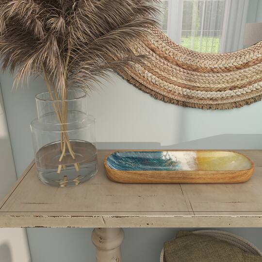16.25" Brown Mango Wood Handmade Ocean inspired Decorative Tray